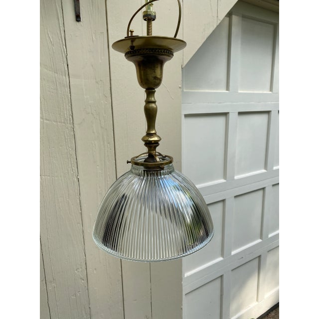 Metal Vintage 1920s Semi-Flush Brass Ceiling Fixture With Holophane Shade For Sale - Image 7 of 7