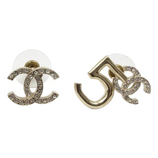 Chanel Gold CC Crystal 5 Asymmetrical Piercing Earrings, Pair For Sale