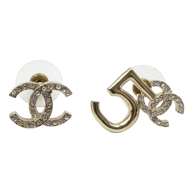 Chanel Gold CC Crystal 5 Asymmetrical Piercing Earrings, Pair For Sale