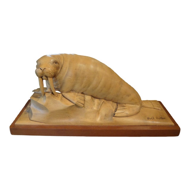 French Art Deco Carved Wood Walrus Sculpture, Signed Martini For Sale