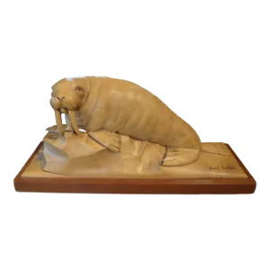 French Art Deco Carved Wood Walrus Sculpture, Signed Martini