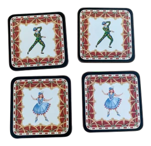 Vintage Pimpernel Cork and Wood Ballerina and Court Jester Coasters- Set of Four