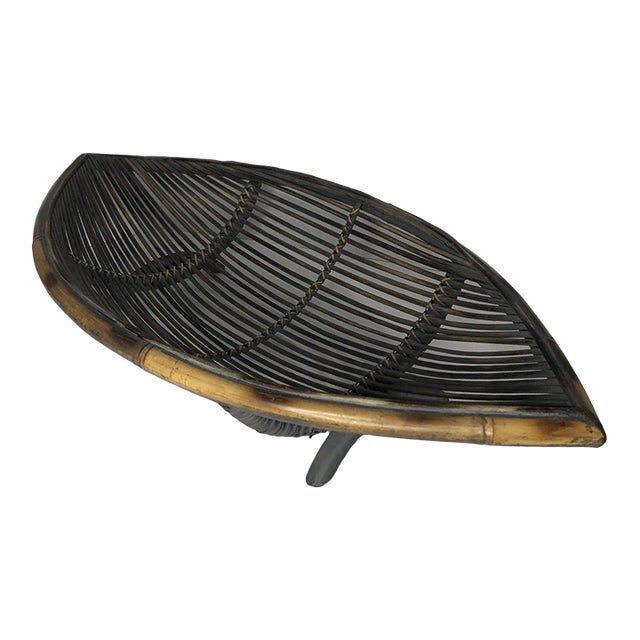 Vintage MCM Pencil Reed Rattan Canoe Boat Shaped Basket Centerpiece Bowl For Sale