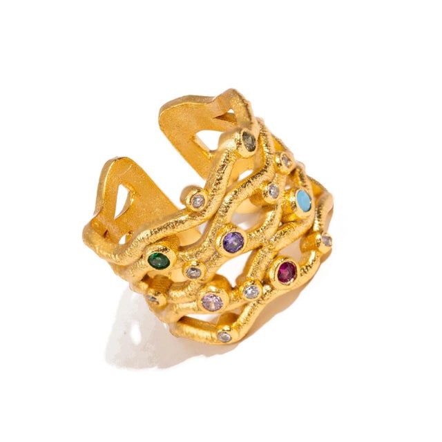 Contemporary Eternal Waves Multi Gemstone Gold Statement Ring, Size 8 For Sale - Image 3 of 9