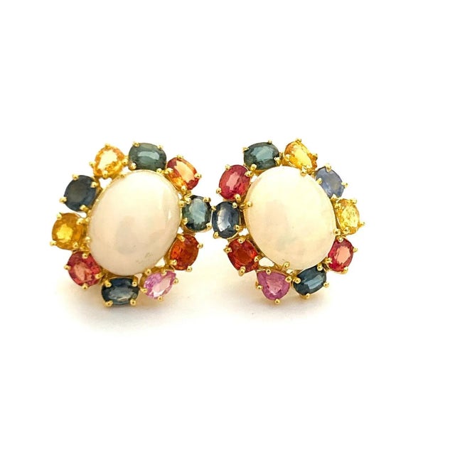 White Bochic “Orient” Red Ruby & Blue White Opal Earrings Set 18K Gold & Silver - 2 Pieces For Sale - Image 8 of 10