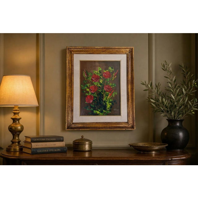 The artwork captures the vibrancy of a bouquet of red roses with bold, textured brushstrokes, lending depth and character...