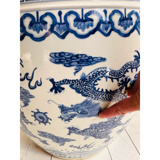 Vintage Blue and White Extra Large Chinese Dragon Chinoiserie Porcelain Fishbowl Jardiniere Planter For Sale - Image 11 of 11
