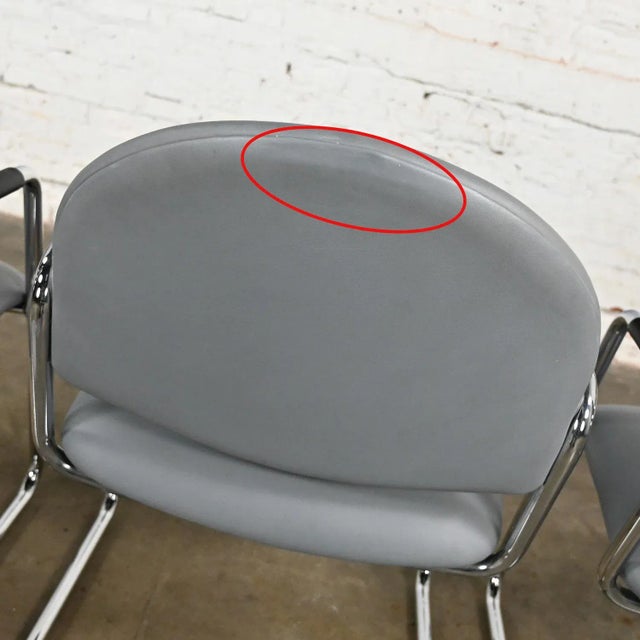 Vintage Modern Steelcase Chrome Tube Cantilever Base & Gray Faux Leather Chairs Set of 4 For Sale - Image 10 of 13