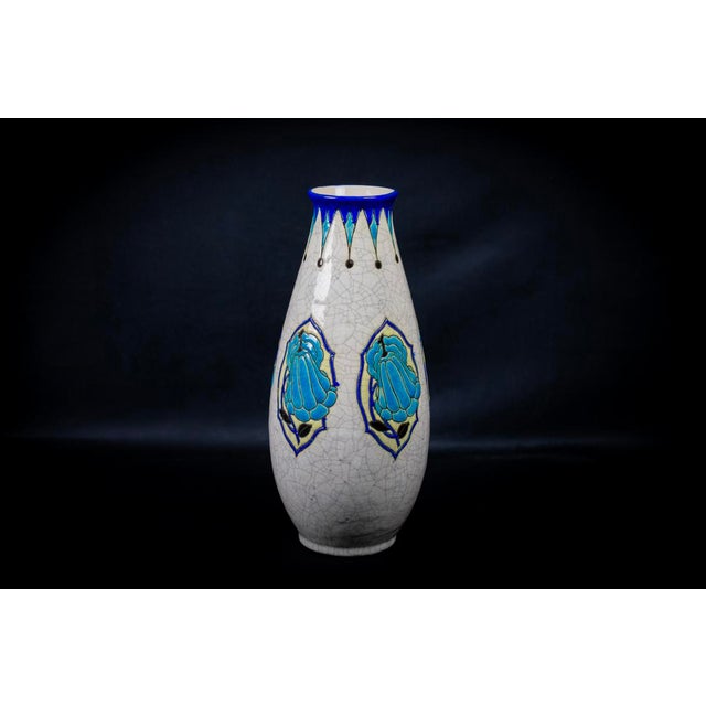 Blue Art Deco Vase in Glazed Crackled Earthenware with Blue Flowers by Maurice Dufrene for Keramis, La Louviere, Belgium, 1920s For Sale - Image 8 of 15