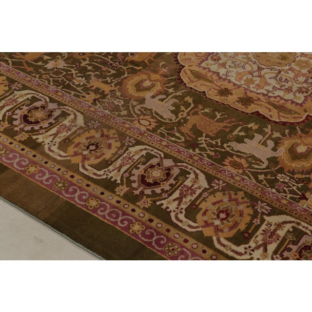 Antique Amritsar Rug in Greenish-Brown, Pink & Gold Medallion With Pictorials For Sale In New York - Image 6 of 8