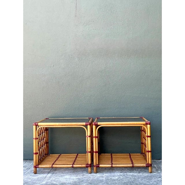 Vintage Trellis Rattan and Glass Side Tables - Pair For Sale - Image 4 of 12