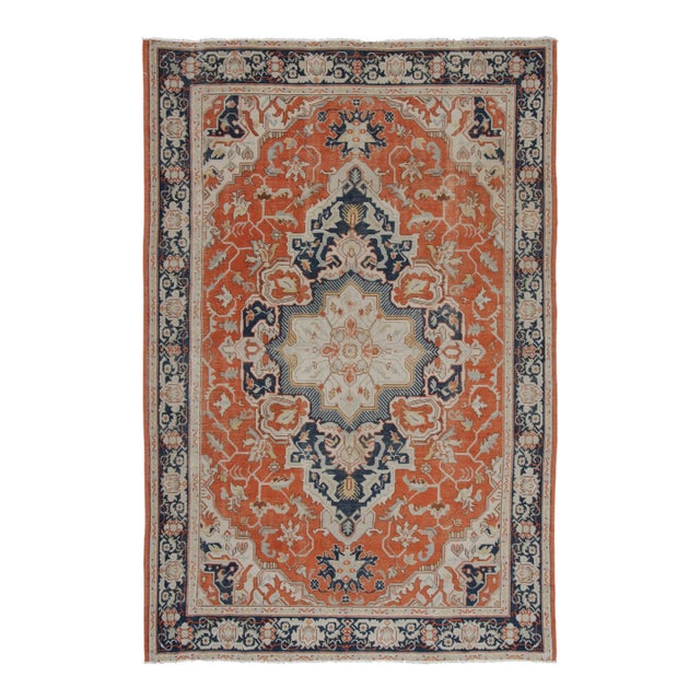 Antique Persian Heriz Medallion Rug in Orange and Blue Tones - Rug & Kilim For Sale