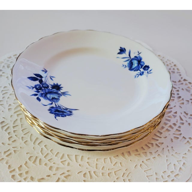 Set of four. Vintage Elizabethan Bread or Dessert Plate, Fine Bone China by Taylor & Kent England, Blue Roses and White...