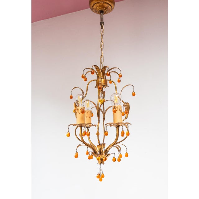 Gold Small Italian Chandelier in Gilt Metal with Leaves and Flowers, 1960 For Sale - Image 8 of 8