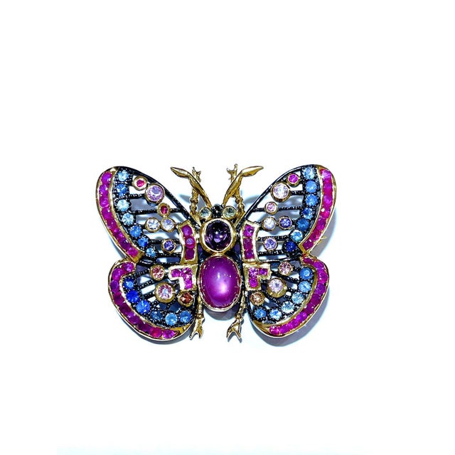 Traditional Bochic “Orient” Multi Sapphires & Ruby Butterfly Brooch Set in 18k Gold & Silver For Sale - Image 3 of 5
