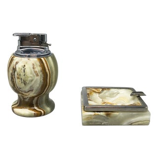 Mid-Century Modern Italian Onyx Smoking Set with Table Lighter & Ashtray, 1960s, Set of 2 For Sale