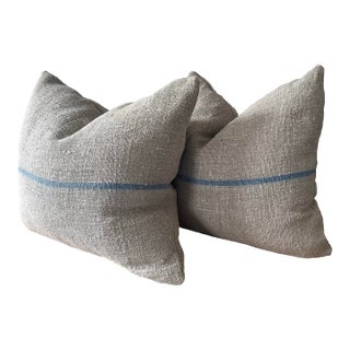 Pair of French Linen Throw Pillows in Grey and Blue For Sale