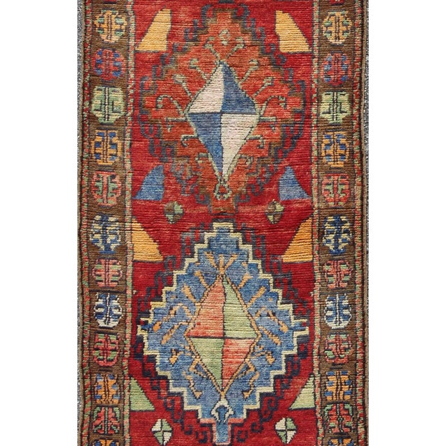 Tribal Colorful Antique Turkish Oushak With Geometric Tribal Design in Brilliant Red For Sale - Image 3 of 7