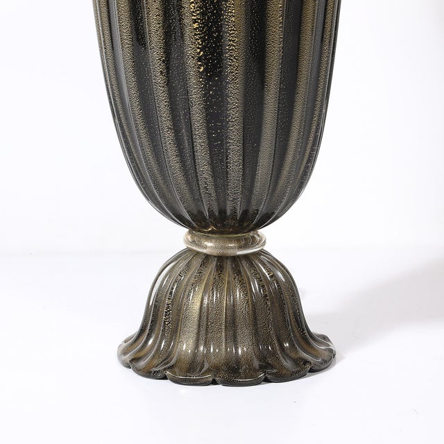 Metal Art Deco Hand-Blown Murano Fluted Black Glass Up-Lights W/ 24kt Gold Flecks For Sale - Image 7 of 14
