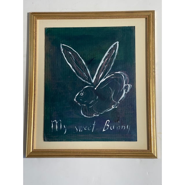 Abstract acrylic on cardboard My Sweet Bunny from Moon Rabbits series by Elia in a gold tone frame.