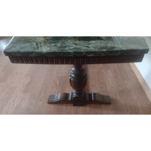 Wood Vintage Scandinavian Green Marble Coffee Table With Carved Maple Trestle Base, c.1940 For Sale - Image 7 of 10