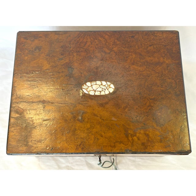 Antique English Burlwood Writing Box With Blue Velvet Lining and Mother-of-Pearl Inlay For Sale - Image 4 of 12