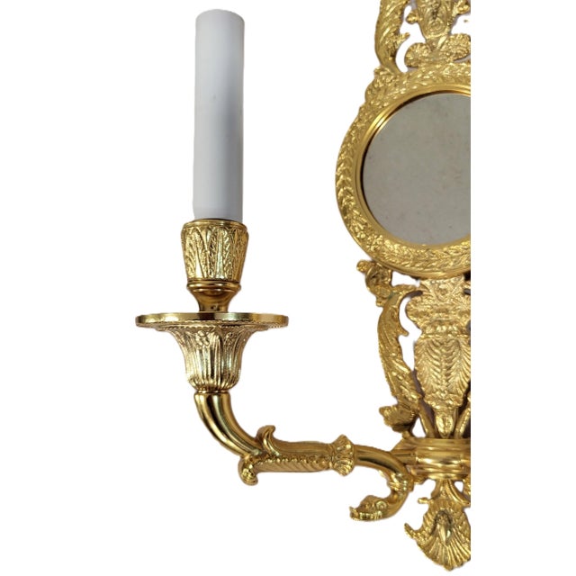 Late 20th Century French Neoclassical Empire Style Gilt Bronze Two Light Wall Sconces W. Mirrors - a Pair For Sale - Image 14 of 17