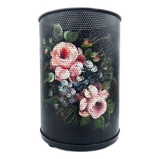 Mid-20th Century Hand-Painted Floral Perforated Metal Wastebasket – Cottagecore / Traditional For Sale