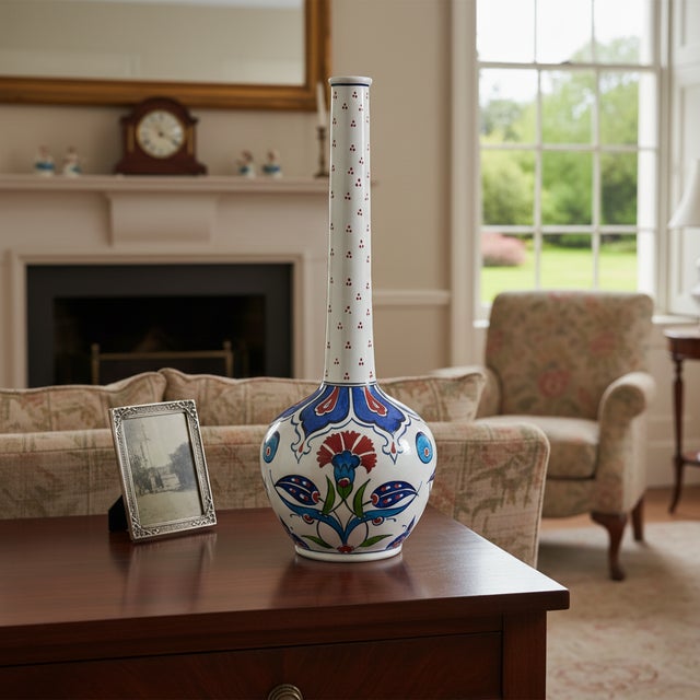 Handmade Ceramic Long-Neck Vase (25cm) – Minimalist Red Dot Detail & Carnations – Elegant Iznik Decor For Sale - Image 4 of 7