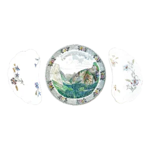 1870s Haviland Crescent Plates & Adams Staffordshire Yosemite Souvenir Plate Collection, Set of 3