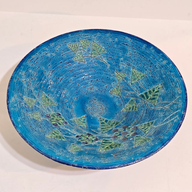 Bitossi Bitossi Ceramic Pedestal Bowl Blue Rimini Blu 12in Mid Century Italy Pottery MCM For Sale - Image 4 of 11