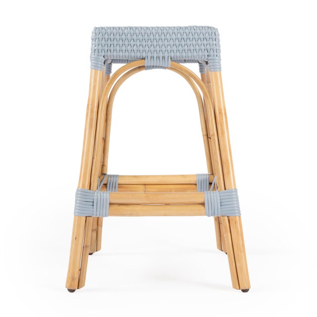 Wood Robias 24.5 in. Seat Height Rectangular Rattan Backless Counter Stool with Footrest, Baby Blue/ Natural Rattan Frame For Sale - Image 7 of 9