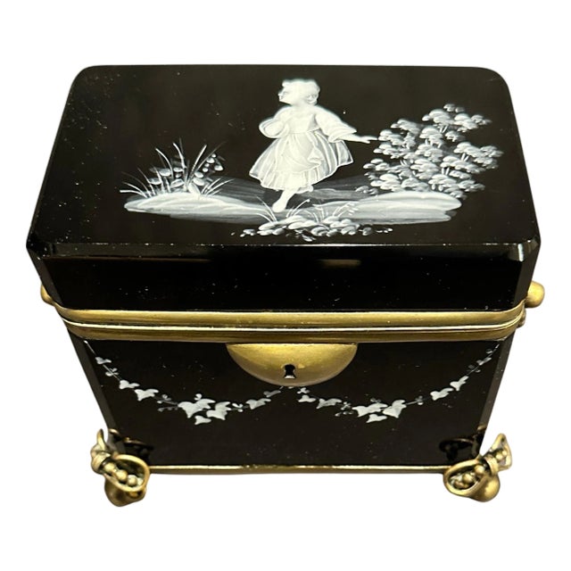 Late 19th Century Mary Gregory Painted Black Glass Perfume Box For Sale