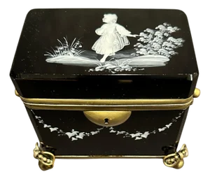 Late 19th Century Mary Gregory Painted Black Glass Perfume Box