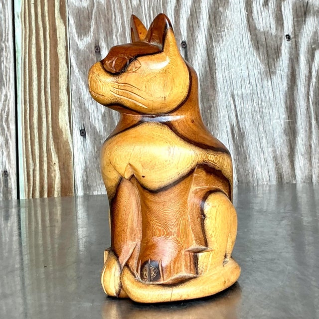 Wood Vintage Boho Carved Wood Cat For Sale - Image 7 of 8