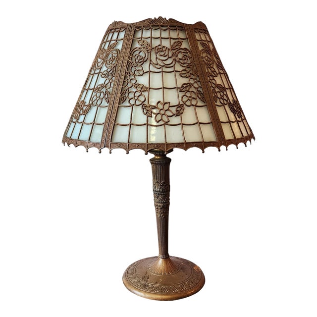Signed Edward Miller Art Nouveau Style Slag Glass 6 Panel Table Lamp, C1920s For Sale