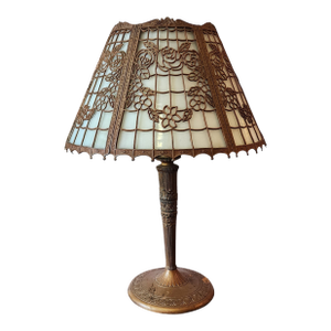Signed Edward Miller Art Nouveau Style Slag Glass 6 Panel Table Lamp, C1920s