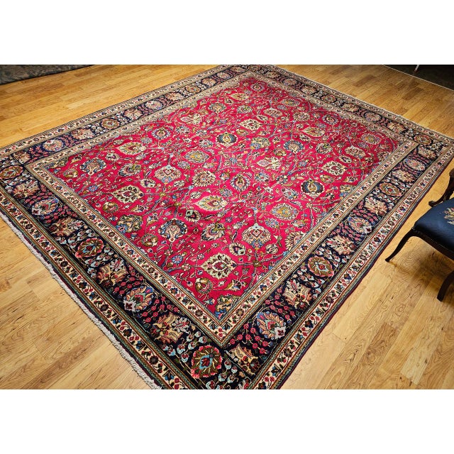 Vintage Tabriz Rug, Hand-Knotted Wool, All Over Geometric Pattern, Red & Navy, 10x13 For Sale - Image 11 of 18