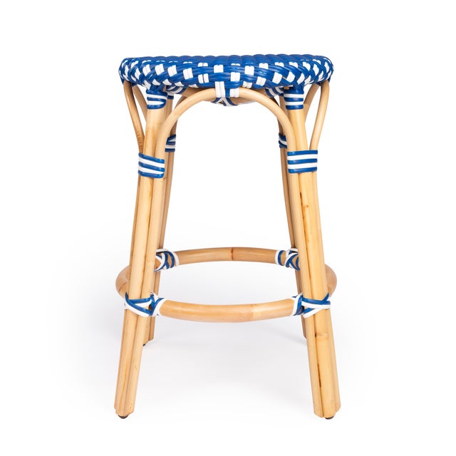 2020s Tobias 24 in. Seat Height Round Rattan Backless Counter Stool, Blue/White Dot / Natural Rattan Frame For Sale - Image 5 of 8