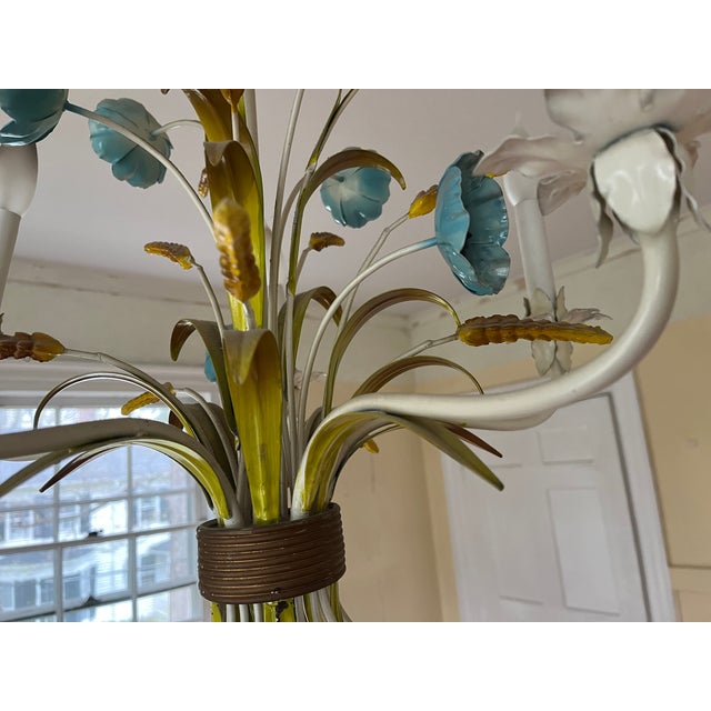 1970s Italian Mid-Century Tole Five Light Chandelier With Gathered Blue Flowers, Grasses and Wheat Stalks For Sale - Image 11 of 18