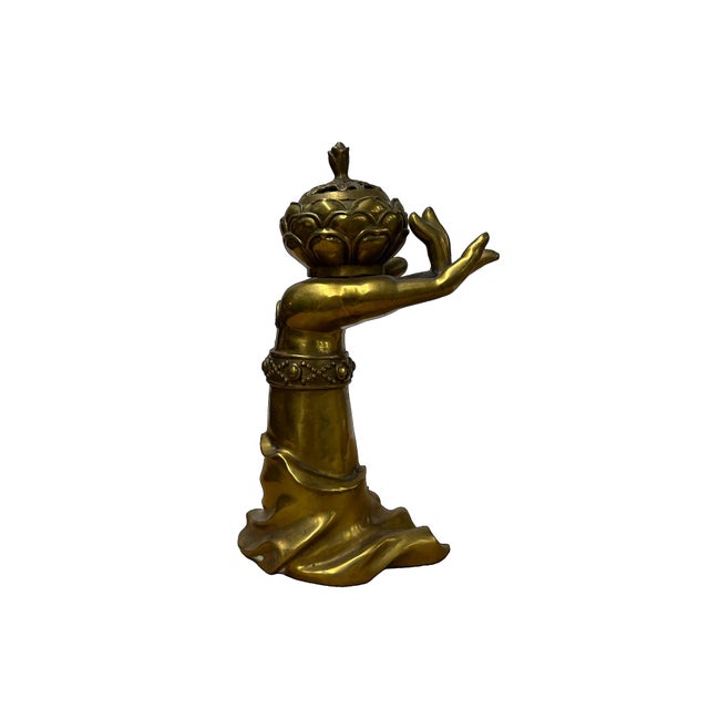 Vintage Brass Metal Color Buddha Hand Lotus Incense Holder Art Figure For Sale In San Francisco - Image 6 of 11