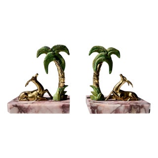 French Art Deco Gazelle and Palm Bookends on Pink Marble, 1920s, Set of 2 For Sale