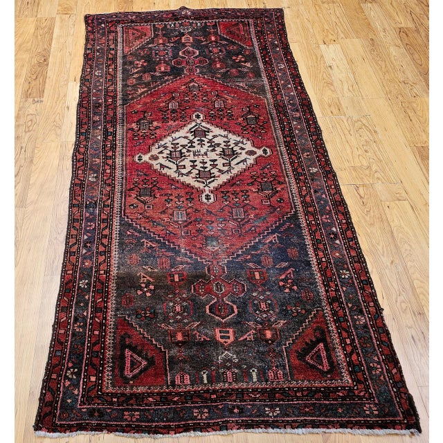 Vintage Persian Hamadan Rug, Hand-Knotted Wool, Geometric Medallion Pattern, Moss Green & Red, 4x7 For Sale - Image 14 of 18
