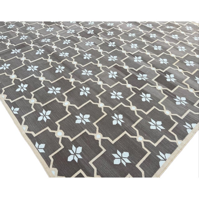 Not Yet Made - Made To Order Handmade Cotton Natural Vegetable Dyed Rug Brown and Cream Flower Pattern Dhurrie - 6'x9' For Sale - Image 6 of 11