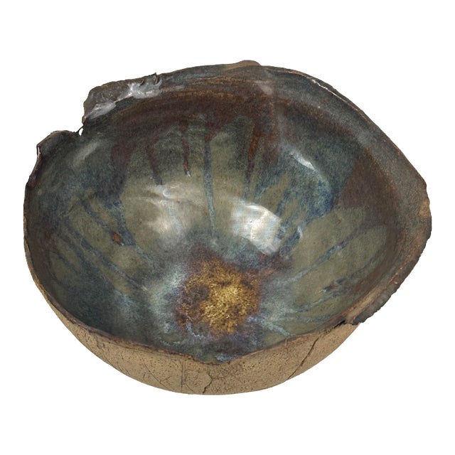 Vintage Brutalist Organic Rim Drip Glazed Interior Stoneware Bowl For Sale