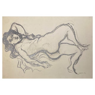 André Cottavoz, Lying Nude, 1974, Original Charcoal Drawing For Sale