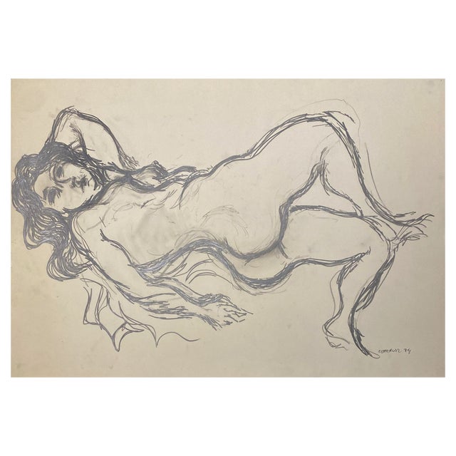 André Cottavoz, Lying Nude, 1974, Original Charcoal Drawing For Sale