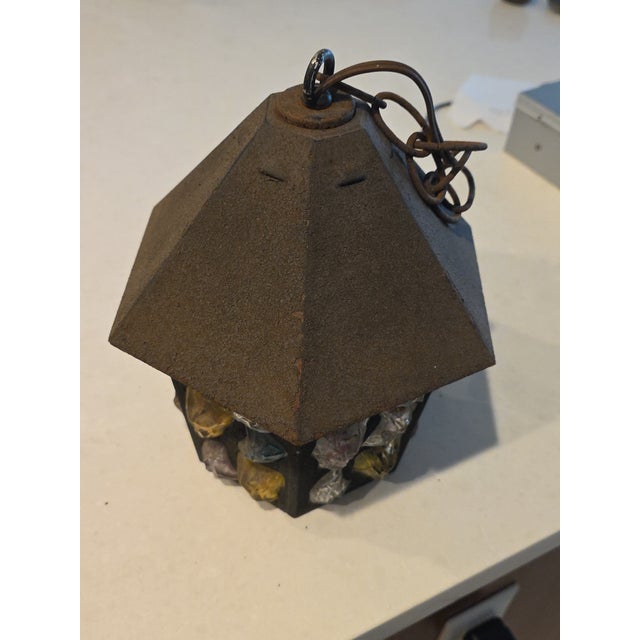 1950s English Arts & Crafts Glass, Lead & Hammered Sheet Metal Porch Lantern by Peter Marsh For Sale - Image 4 of 5