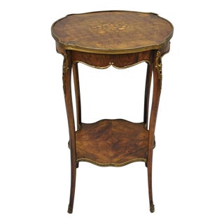 Antique French Louis XV Style Marquetry Inlay Bronze Ormolu Rosewood Side Table For Sale