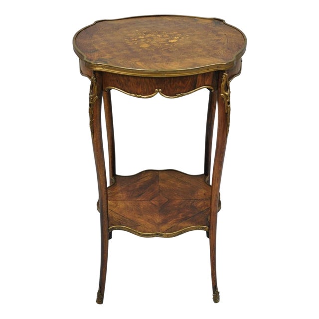 Antique French Louis XV Style Marquetry Inlay Bronze Ormolu Rosewood Side Table For Sale